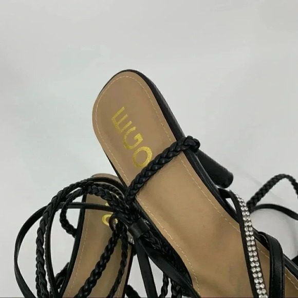 New EGO heels ss 9 black faux leather gem braided wrap around ankle Square toe